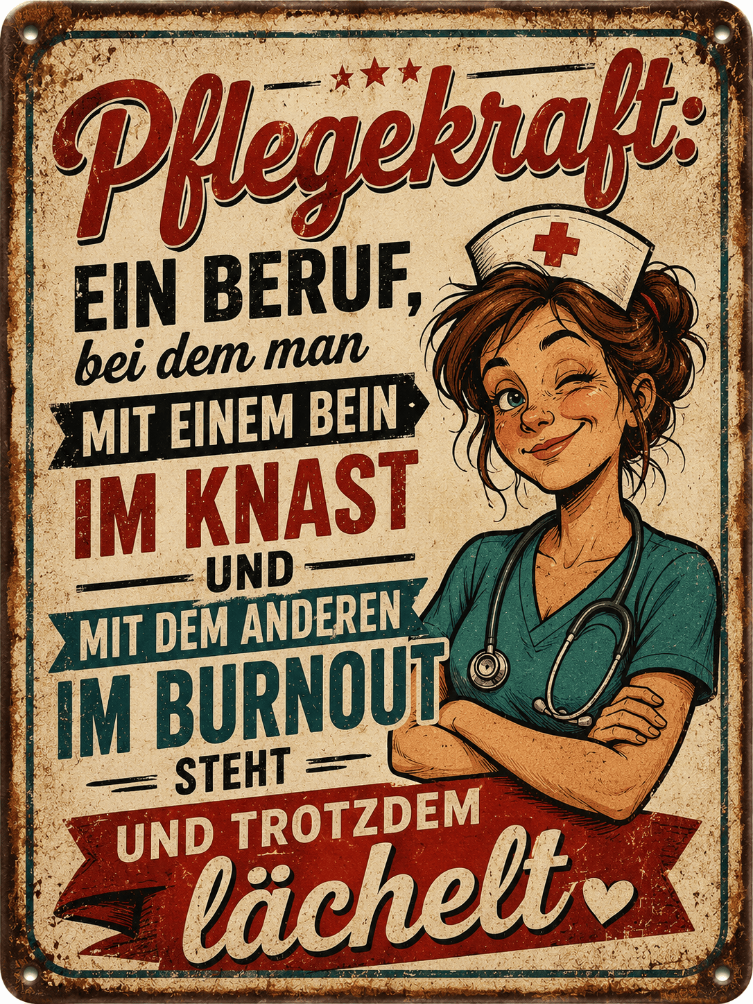 Spielezug-Opa Retroschild Retro Sprüche Ein Beruf, bei dem man mit einem Bein im Knast und mit dem anderen im Burnout steht – und trotzdem lächelt