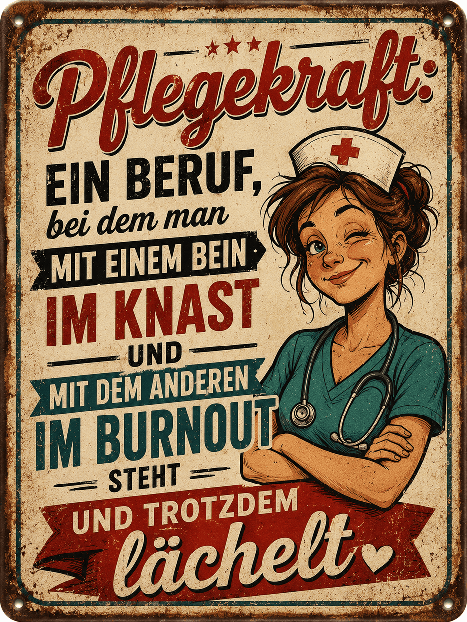 Spielezug-Opa Retroschild Retro Sprüche Ein Beruf, bei dem man mit einem Bein im Knast und mit dem anderen im Burnout steht – und trotzdem lächelt