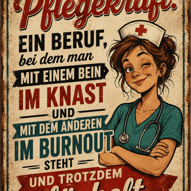 Spielezug-Opa Retroschild Retro Sprüche Ein Beruf, bei dem man mit einem Bein im Knast und mit dem anderen im Burnout steht – und trotzdem lächelt