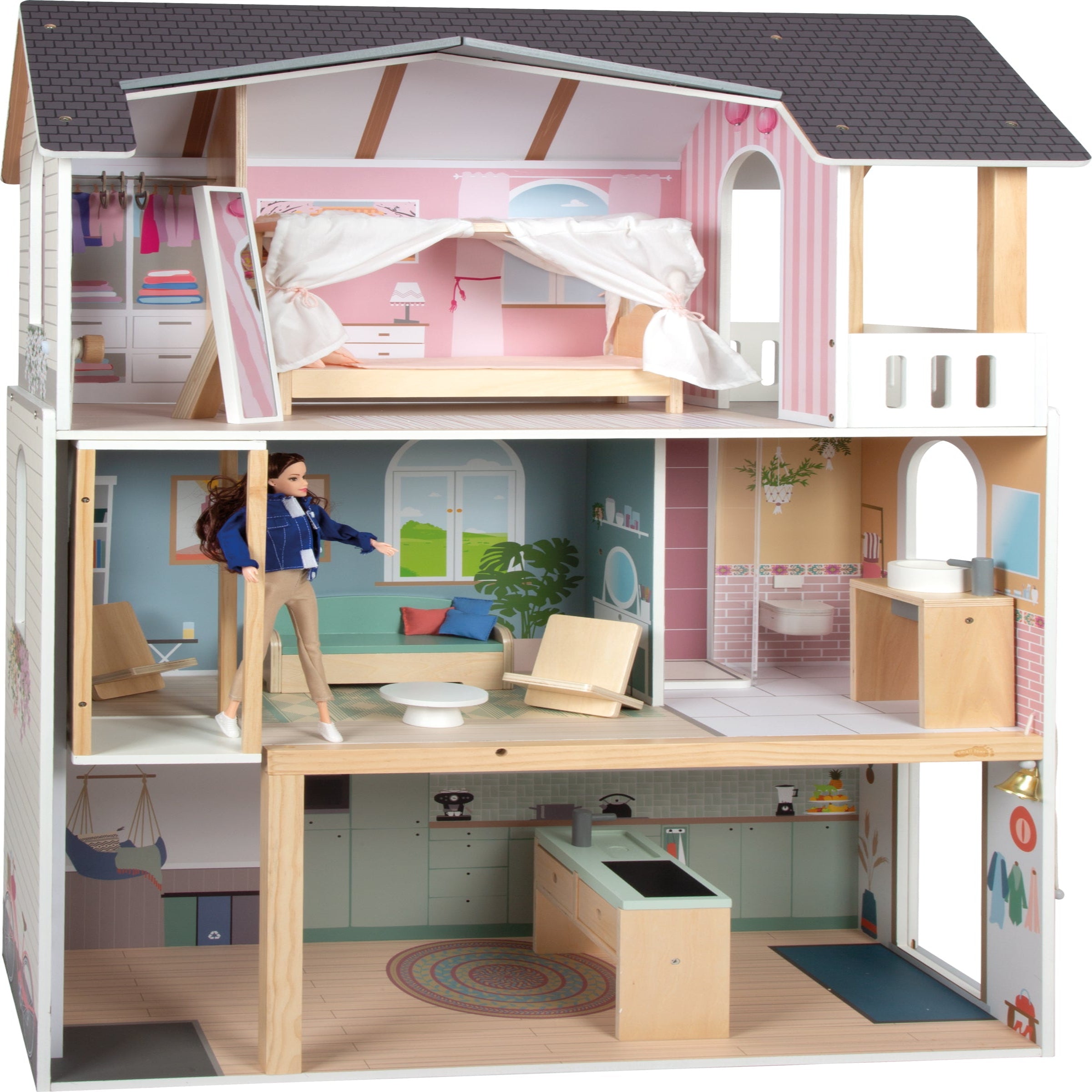 Smallfoot Personalisierbares Puppenhaus Traumvilla XL für Puppen bis 30cm (Barbie) ab 3 Jahren