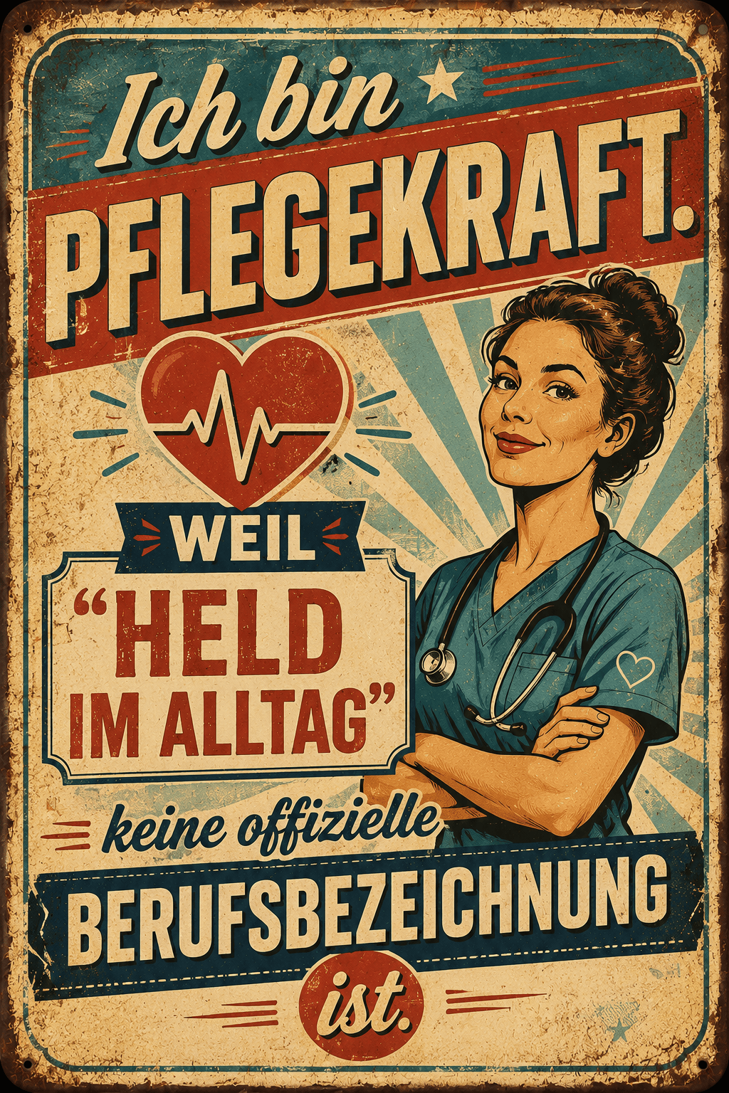 Spielezug-Opa Retroschild Retro Sprüche Schild 200x300mm Ich bin Pflegekraft. Weil „Held im Alltag“