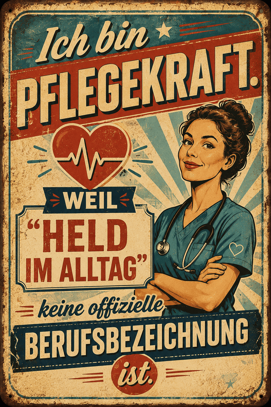 Spielezug-Opa Retroschild Retro Sprüche Schild 200x300mm Ich bin Pflegekraft. Weil „Held im Alltag“