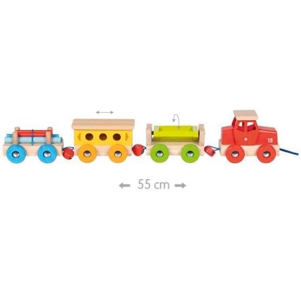 goki 55841  Güterzug GK-Rail – großer Spielzug aus Holz mit Lok, 3 Waggons und Ladung, zum Beladen und Ziehen, ca. 55 cm lang