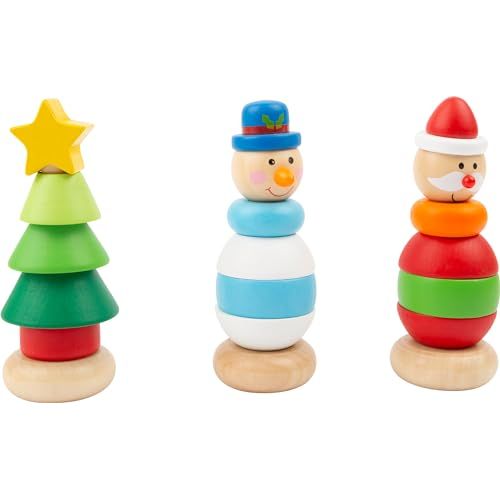 Stapelfiguren 3er Set Holz ab 12 Monaten Weihnachten Winterzeit Kinderspielzeug Schneemann, Nikolaus, Weihnachtsbaum