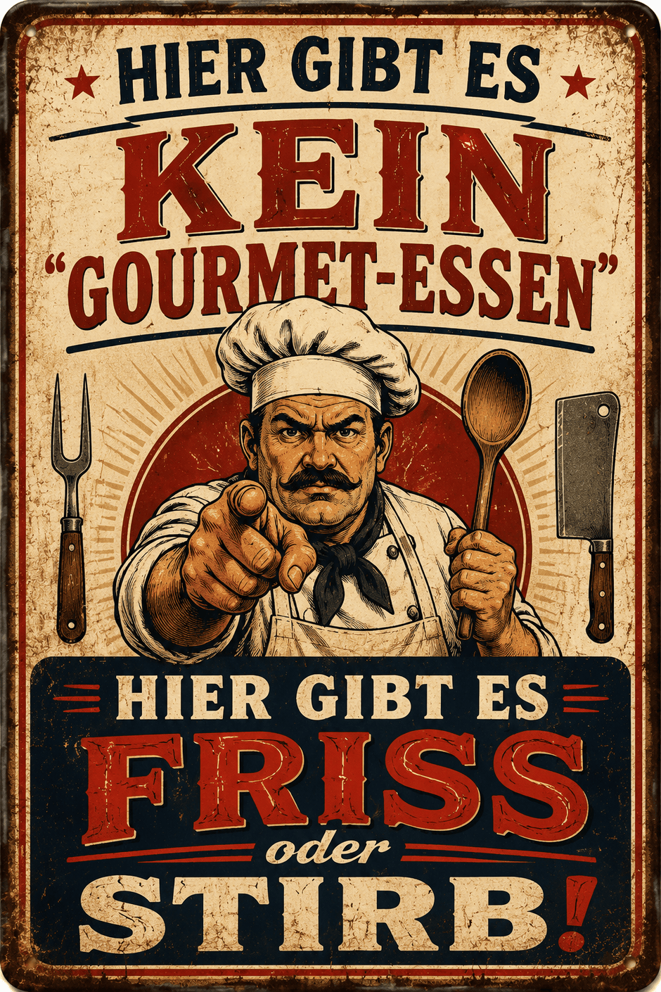 Spielzeug Opa Retroschild Retro Sprüche Schild HIER GIBT ES KEIN  GOURMET-ESSEN HIER GIBT ES  FRISS ODER STIRB!