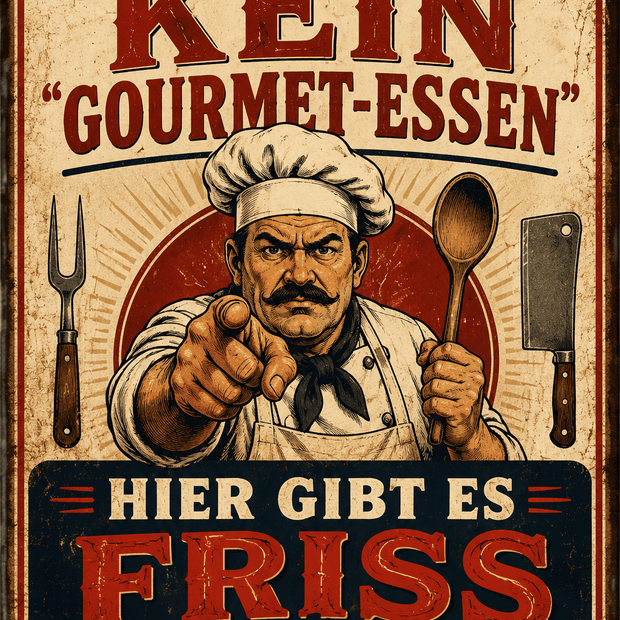 Spielzeug Opa Retroschild Retro Sprüche Schild HIER GIBT ES KEIN  GOURMET-ESSEN HIER GIBT ES  FRISS ODER STIRB!