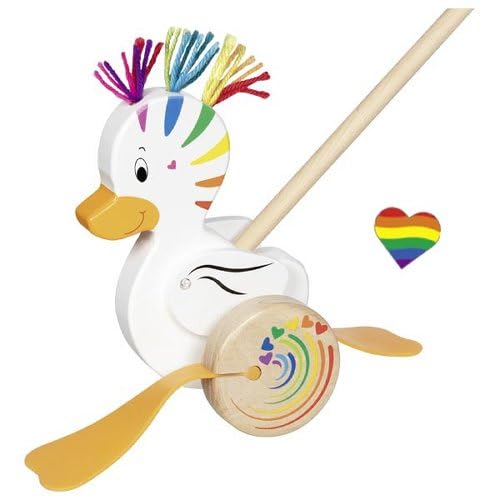 Goki Personalisierbar Regenbogen-Ente Holz-Schiebespielzeug, Flappende Füße, Kinder ab 18 Monaten