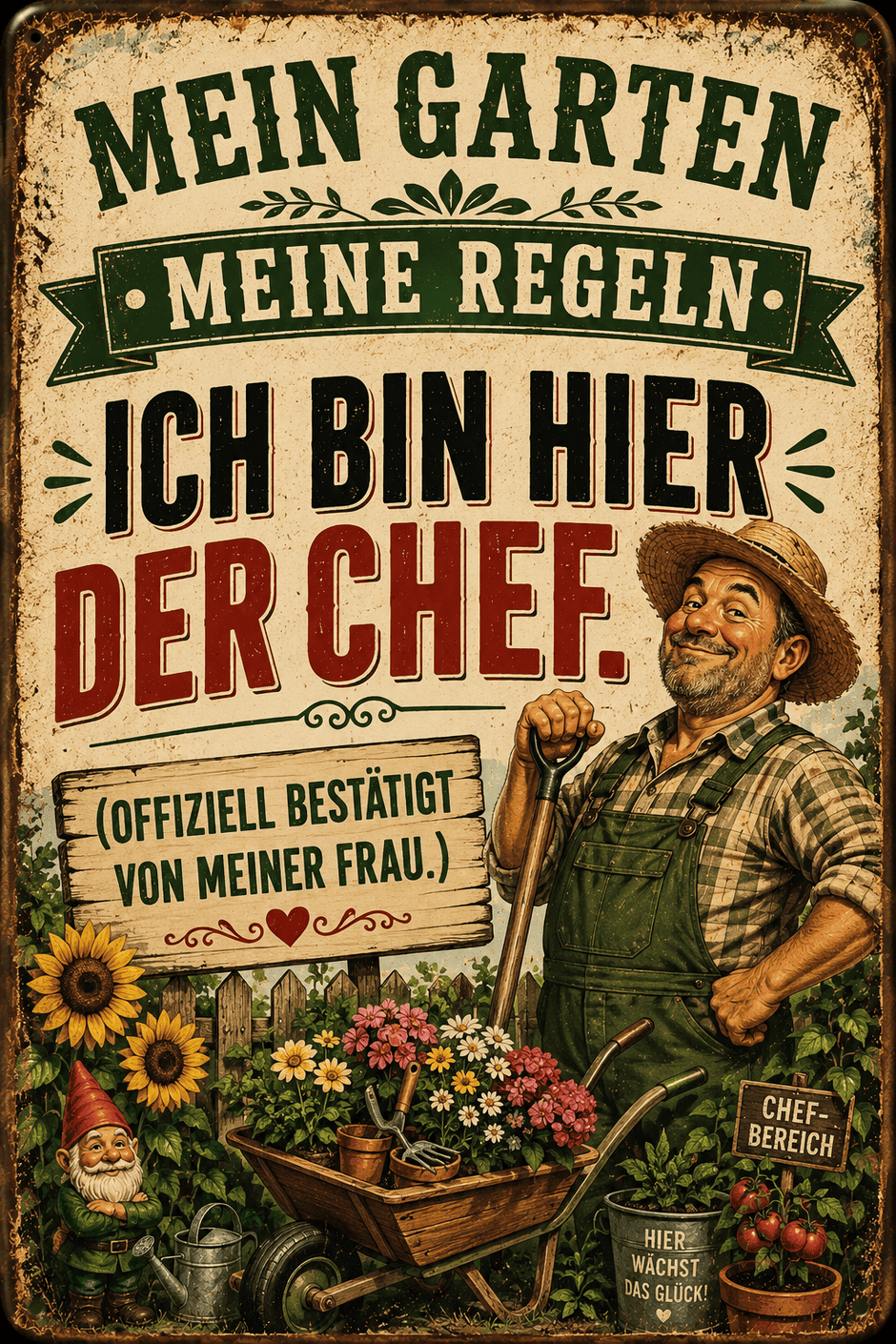 Spielezug-Opa Retroschild Retro Sprüche Schild 200x300mm Ich bin im Garten. ICH BIN HIER DER CHEF.
