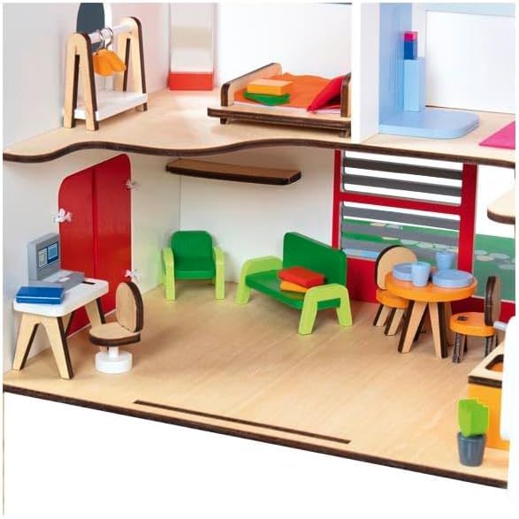 goki 51458 – Personalisierbares Tragbares Puppenhaus Holz Spielhaus mit Möbeln und Puppen, komplett möbliert, mit Tragegriff