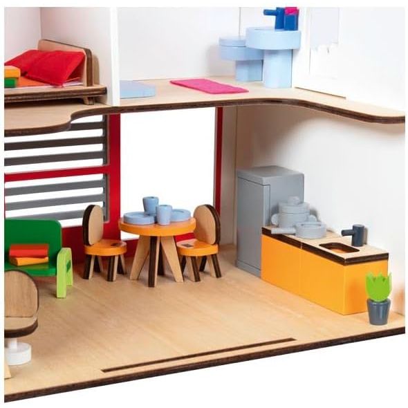 goki 51458 – Personalisierbares Tragbares Puppenhaus Holz Spielhaus mit Möbeln und Puppen, komplett möbliert, mit Tragegriff