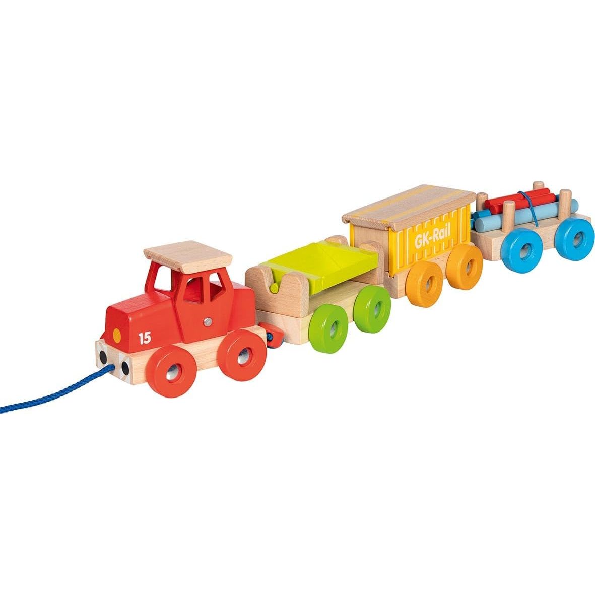 goki 55841  Güterzug GK-Rail – großer Spielzug aus Holz mit Lok, 3 Waggons und Ladung, zum Beladen und Ziehen, ca. 55 cm lang