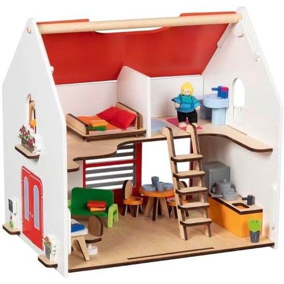 goki 51458 – Personalisierbares Tragbares Puppenhaus Holz Spielhaus mit Möbeln und Puppen, komplett möbliert, mit Tragegriff