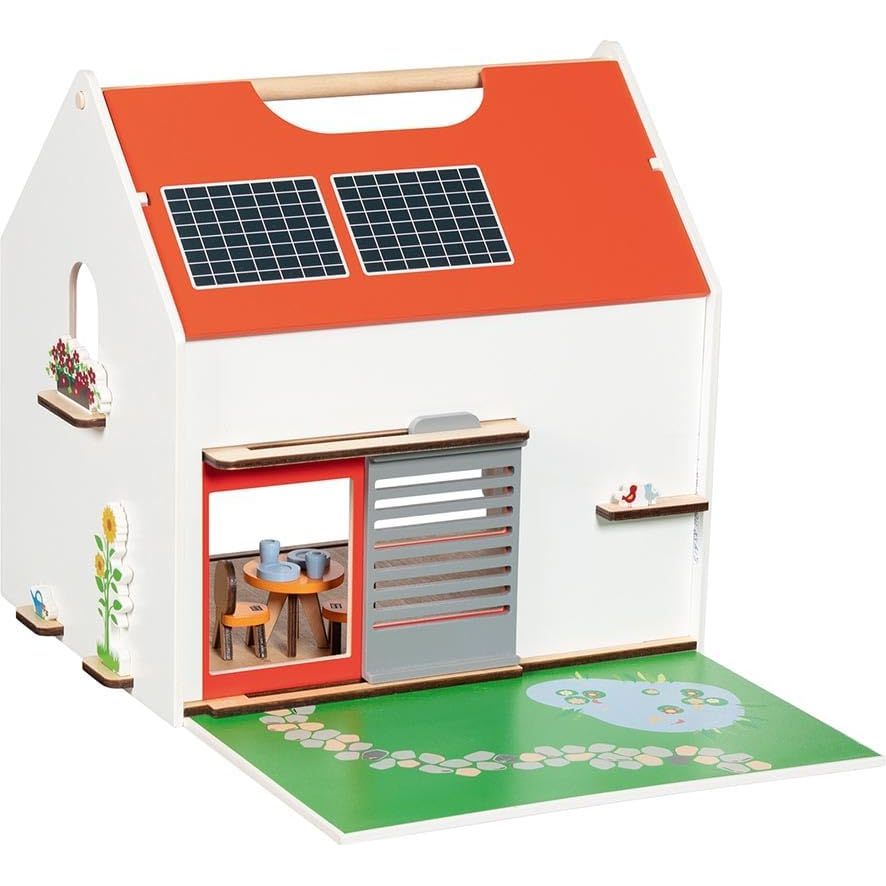 goki 51458 – Personalisierbares Tragbares Puppenhaus Holz Spielhaus mit Möbeln und Puppen, komplett möbliert, mit Tragegriff