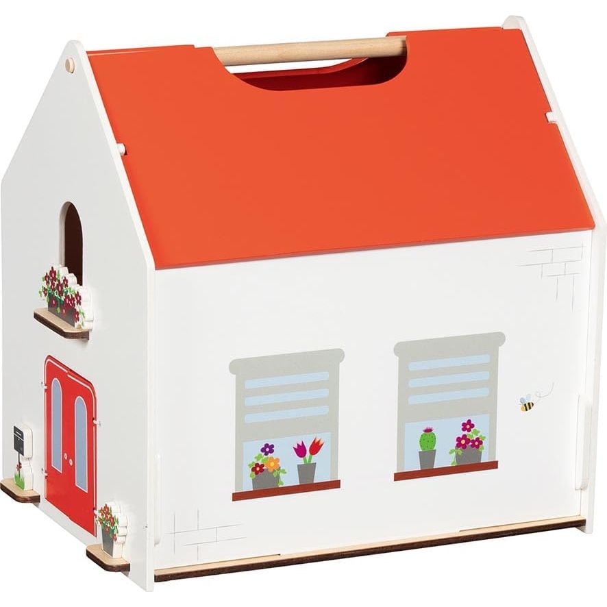 goki 51458 – Personalisierbares Tragbares Puppenhaus Holz Spielhaus mit Möbeln und Puppen, komplett möbliert, mit Tragegriff