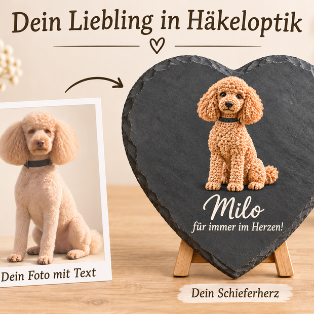 Personalisiertes Schieferherz mit Hund in Häkeloptik – mit Namen und Wunschtext