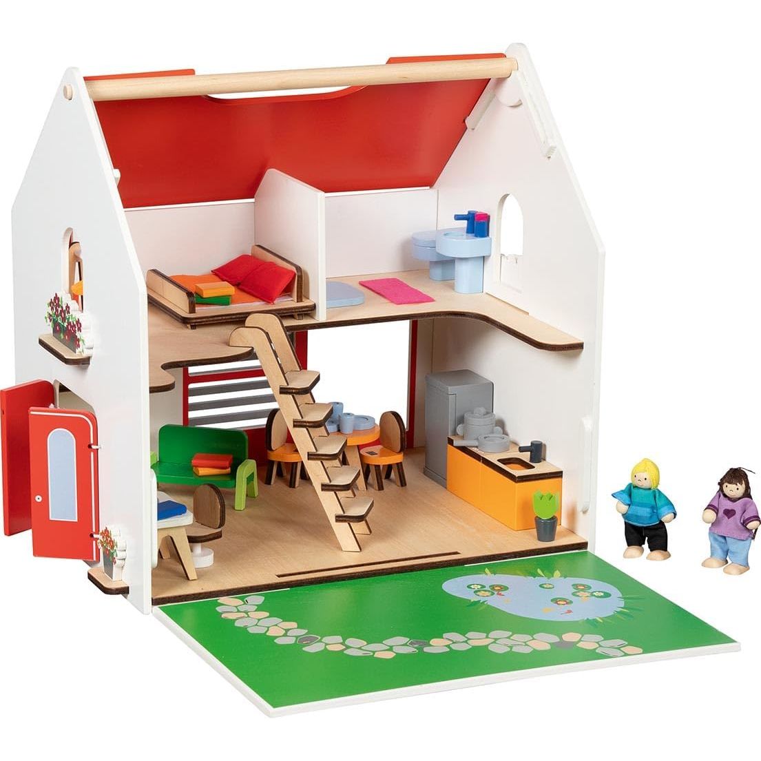 goki 51458 – Personalisierbares Tragbares Puppenhaus Holz Spielhaus mit Möbeln und Puppen, komplett möbliert, mit Tragegriff