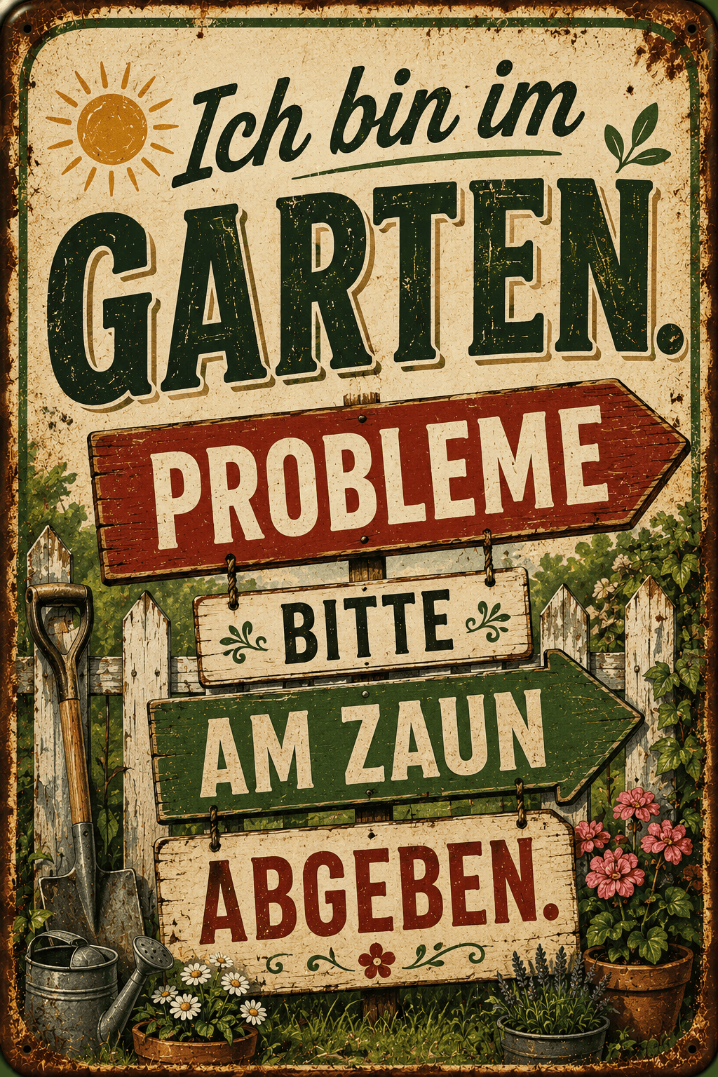 Spielezug-Opa Retroschild Retro Sprüche Schild 200x300mm Ich bin im Garten. Probleme bitte am Zaun abgeben.
