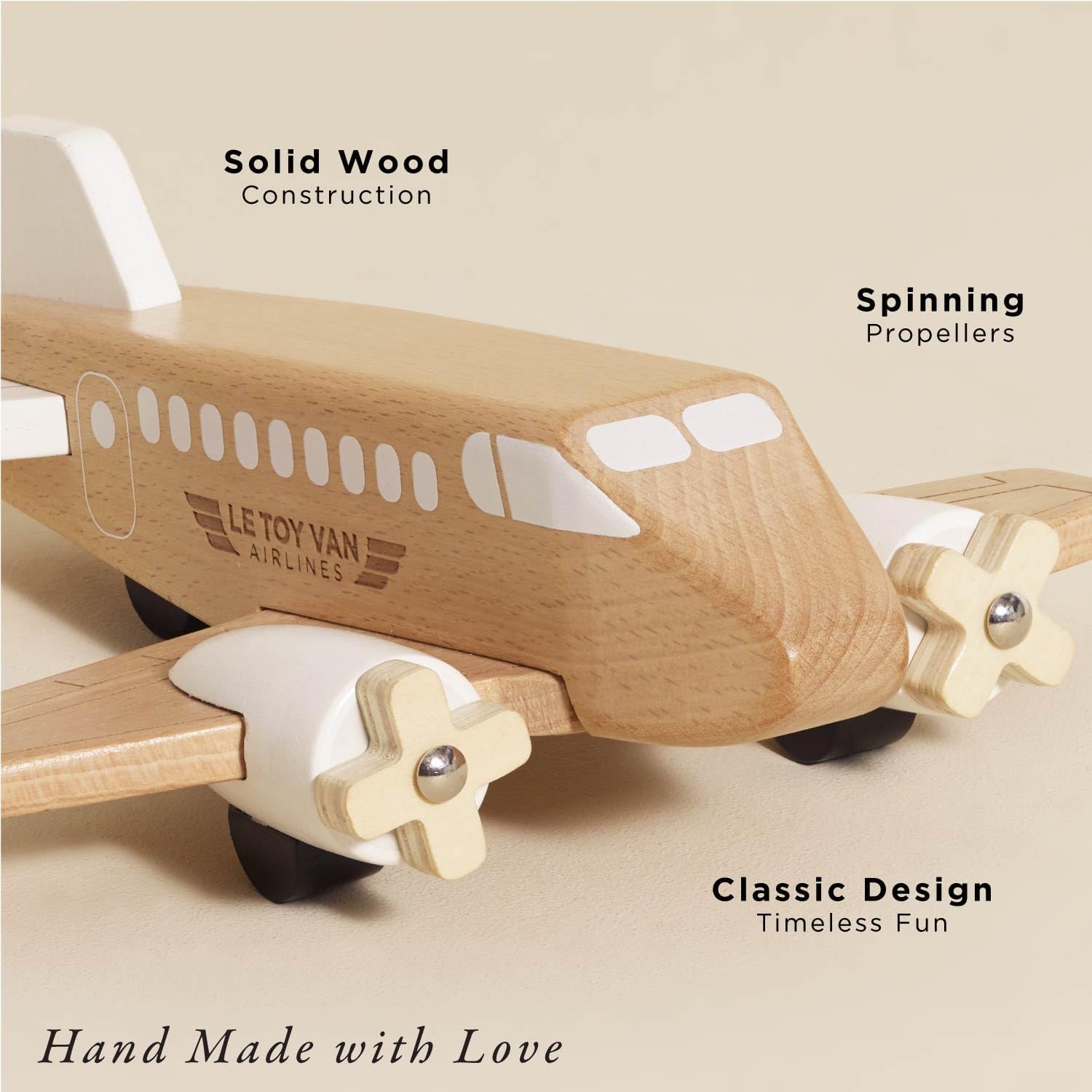 Le Toy Van Wooden Aeroplane Toy, Timeless Children's Toy with Rotating Propellers, Suitable for Children from 3 Years, Natural Wood