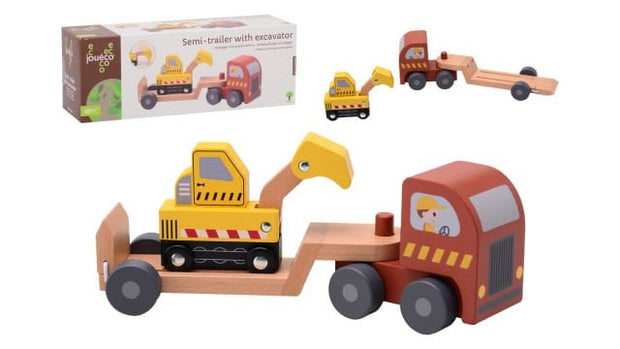 Jouéco Baby & Kleinkind Personalisierbar Jouéco® Sattelauflieger mit Bagger – Holzfahrzeug ab 3 Jahre
