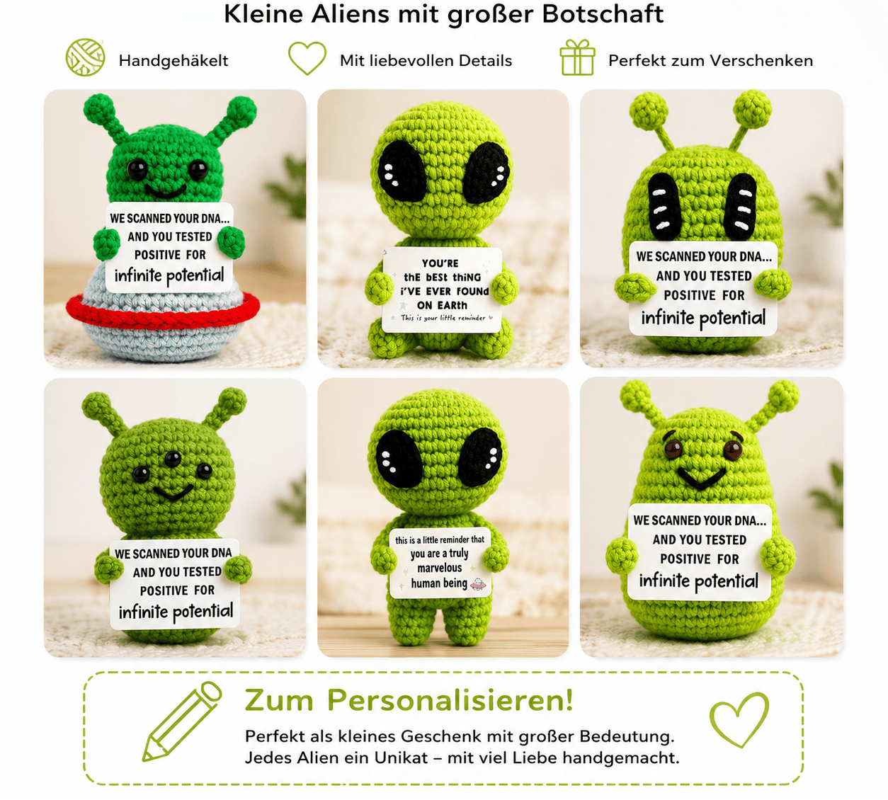 Spielzeug Opa Sammelfiguren Alien Häkelfiguren mit Motivationskarte – Handgemachte Woll-Puppe als Geschenk & Schreibtischdeko