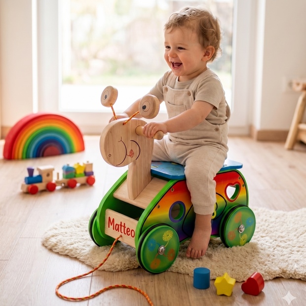 Personalisierter Holz-Rutsche-Schnecke Lauflernspaß  Holzfahrzeug Kinder ab 12 Monaten