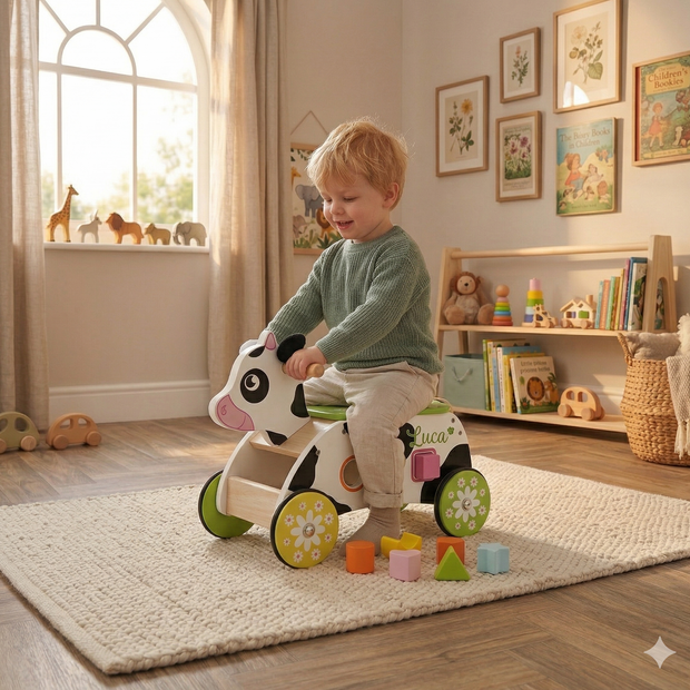 Personalisierter Holz-Rutsche-Kuh Lauflernspaß  Holzfahrzeug Kinder ab 12 Monaten