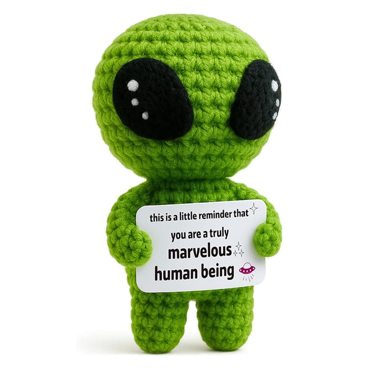Spielzeug Opa Sammelfiguren BZ-10720 / Ohne Eigenen Text (Text Vorgegeben) Alien Häkelfiguren mit Motivationskarte – Handgemachte Woll-Puppe als Geschenk & Schreibtischdeko