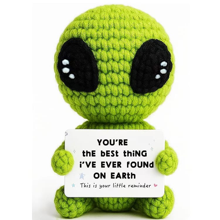 Spielzeug Opa Sammelfiguren BZ-10721 / Ohne Eigenen Text (Text Vorgegeben) Alien Häkelfiguren mit Motivationskarte – Handgemachte Woll-Puppe als Geschenk & Schreibtischdeko