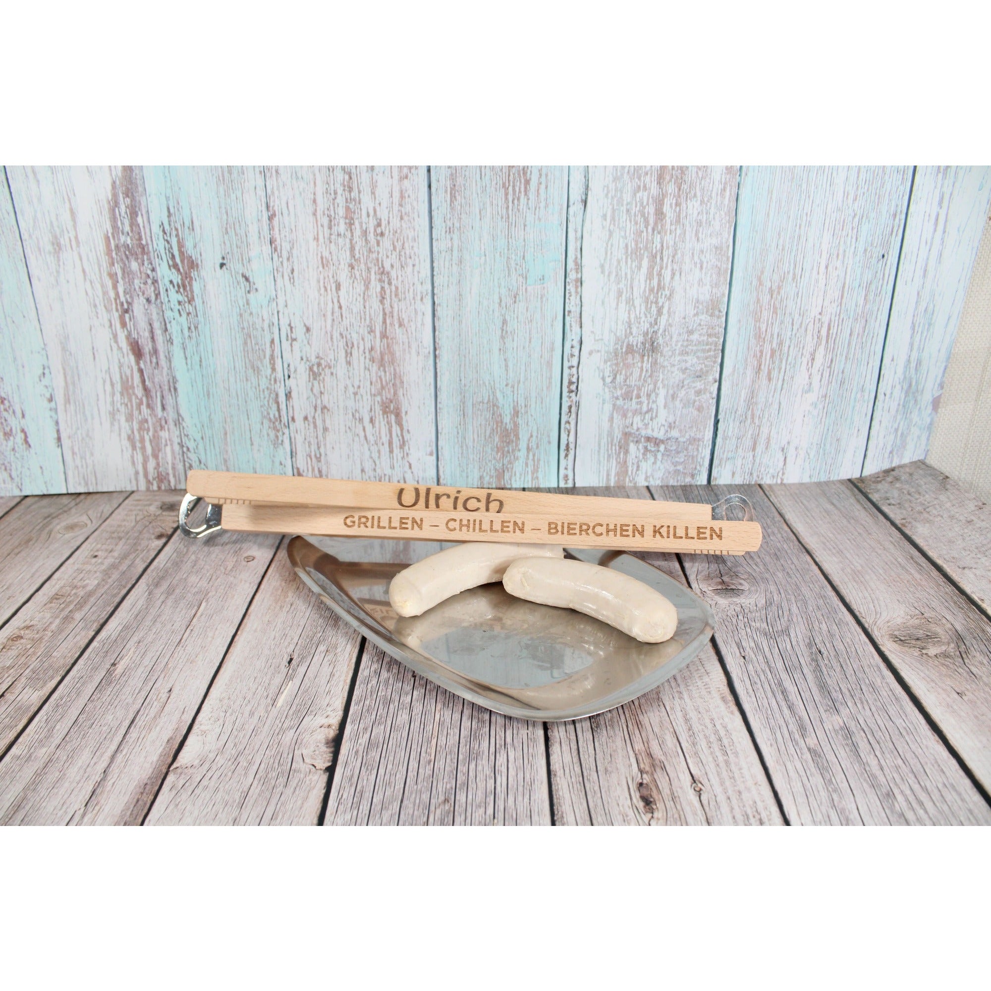 Personalisierte Grillzange mit Flaschenöffner Holz mit Spruch Grillen Männer Geschenk