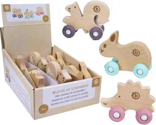 Dinotoys Spielzeug Bieco Holztiere mit Rädern 7x9cm sortiert im Display (6)