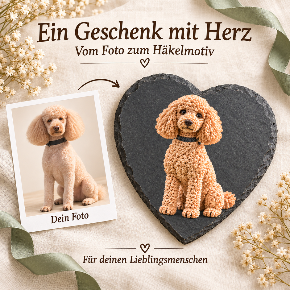 Personalisiertes Schieferherz mit Hund in Häkeloptik – mit Namen und Wunschtext