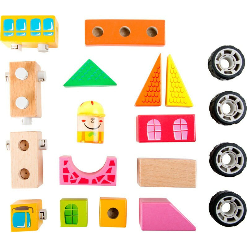 Bauklötze Holz Schule Bausatz Kinderspielzeug Holzspielzeug mit Kunststoffverbindern  Schulbus ab 2 Jahren ca. 12 x 6 x 7,5 cm