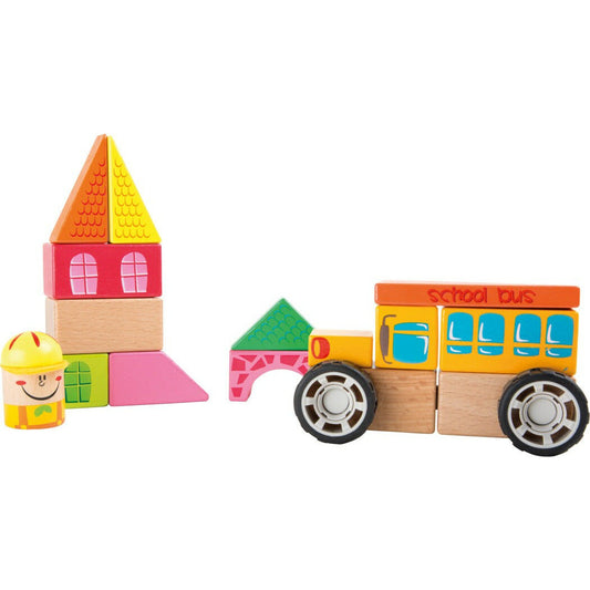 Bauklötze Holz Schule Bausatz Kinderspielzeug Holzspielzeug mit Kunststoffverbindern  Schulbus ab 2 Jahren ca. 12 x 6 x 7,5 cm