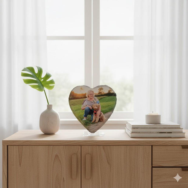 Personalisierter Schiefer in Herzform mit Foto – Andenken Geschenk – UV Druck auf Naturstein ca. 14x14 cm