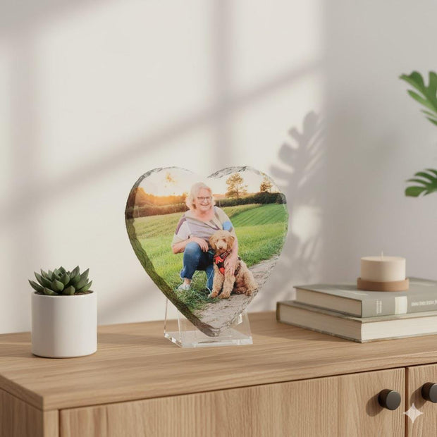 Personalisierter Schiefer in Herzform mit Foto – Andenken Geschenk – UV Druck auf Naturstein ca. 14x14 cm