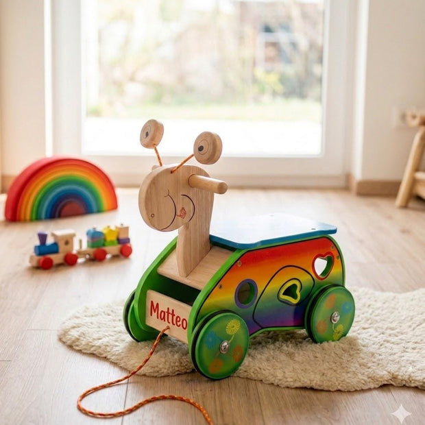 Personalisierter Holz-Rutsche-Schnecke Lauflernspaß  Holzfahrzeug Kinder ab 12 Monaten