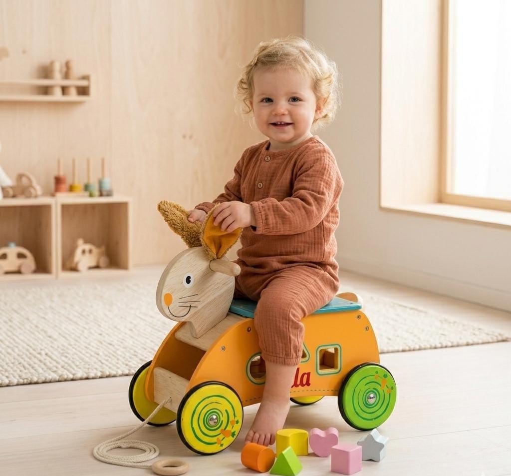 Personalisierter Holz-Rutsche-Hase Lauflernspaß  Holzfahrzeug Kinder ab 12 Monaten