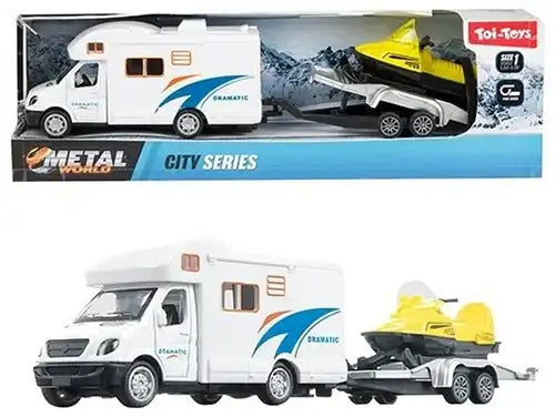 Toi-Toys Baby & Kleinkind METAL Camper mit Anhänger & Schneescooter – Pullback Fahrzeug-Set
