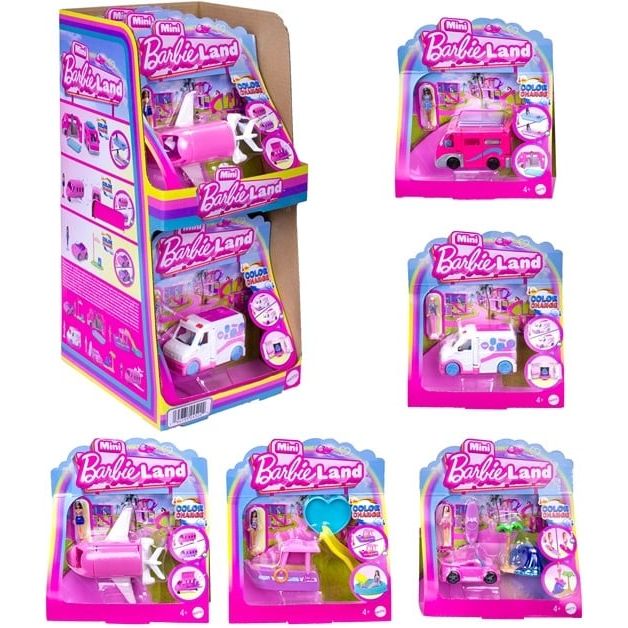 Mini Barbie Land Spielset mit Puppe & Farbwechsel-Fahrzeug (Sortiert) 6 Stück Set ab 3 Jahren