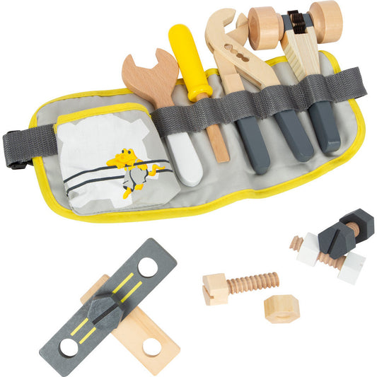 small foot Grau Holzspielzeug Werkzeug, Werkzeuggürtel, Kinderspielzeug ab 3 Jahren - Spielzeug Opa
