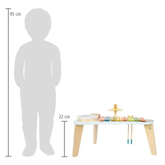 Holzspielzeug Tisch mit Xylophon, Trommel & Schellen – kindgerecht, 22 cm hoch, ideal für Kleinkinder