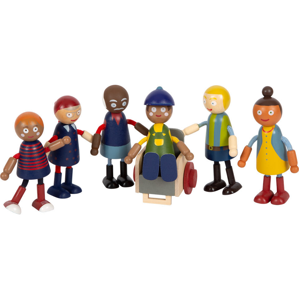 Biegepuppen Familie mit Rollstuhl Holzpuppen Puppenhausfiguren ab 3 Jahren