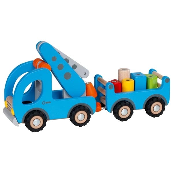 Goki Spielzeug LKW Holz Personalisiert XL Spielzeug LKW Kran Holz Blau Kinderspielzeug 32 x 9 x 16 cm, Holz, 5 magnetische Bausteine, 7 Teile,