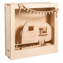 Wohnwagen Bausatz zu selber gestallten mit LED Kette 24x24x6,5cm, 13-tlg. , Box 1Set, natur - Spielzeug Opa
