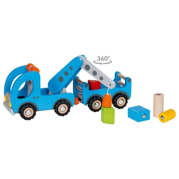 Goki Spielzeug LKW Holz Personalisiert XL Spielzeug LKW Kran Holz Blau Kinderspielzeug 32 x 9 x 16 cm, Holz, 5 magnetische Bausteine, 7 Teile,