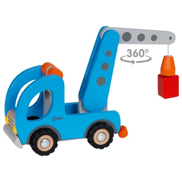 Goki Spielzeug LKW Holz Personalisiert XL Spielzeug LKW Kran Holz Blau Kinderspielzeug 32 x 9 x 16 cm, Holz, 5 magnetische Bausteine, 7 Teile,