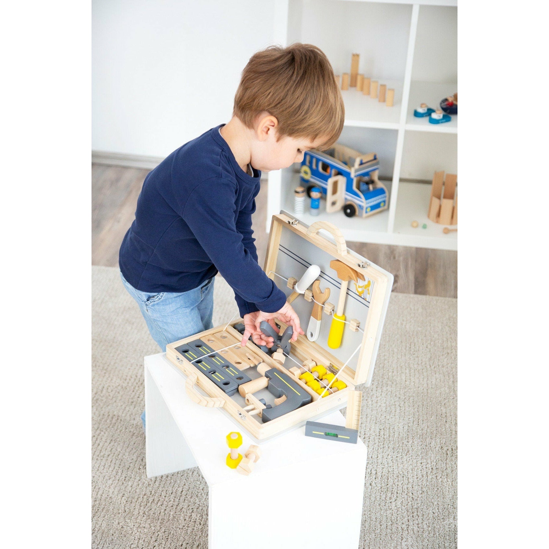 PERSONALISIERTER Kinder Werkzeugkoffer Holz, Holz Koffer Kinder, Spielzeug Holz Werkzeuge 44 Teilig.