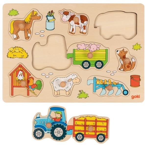 Goki Setzpuzzle Bauernhof JETZT NEU Personalisiert gelasert Setzpuzzle Bauernhof Steckspiel Holz Puzzle Kinder Spielzeug Steckpuzzle Puzzle Bauernhof Tiere 9 Teilig