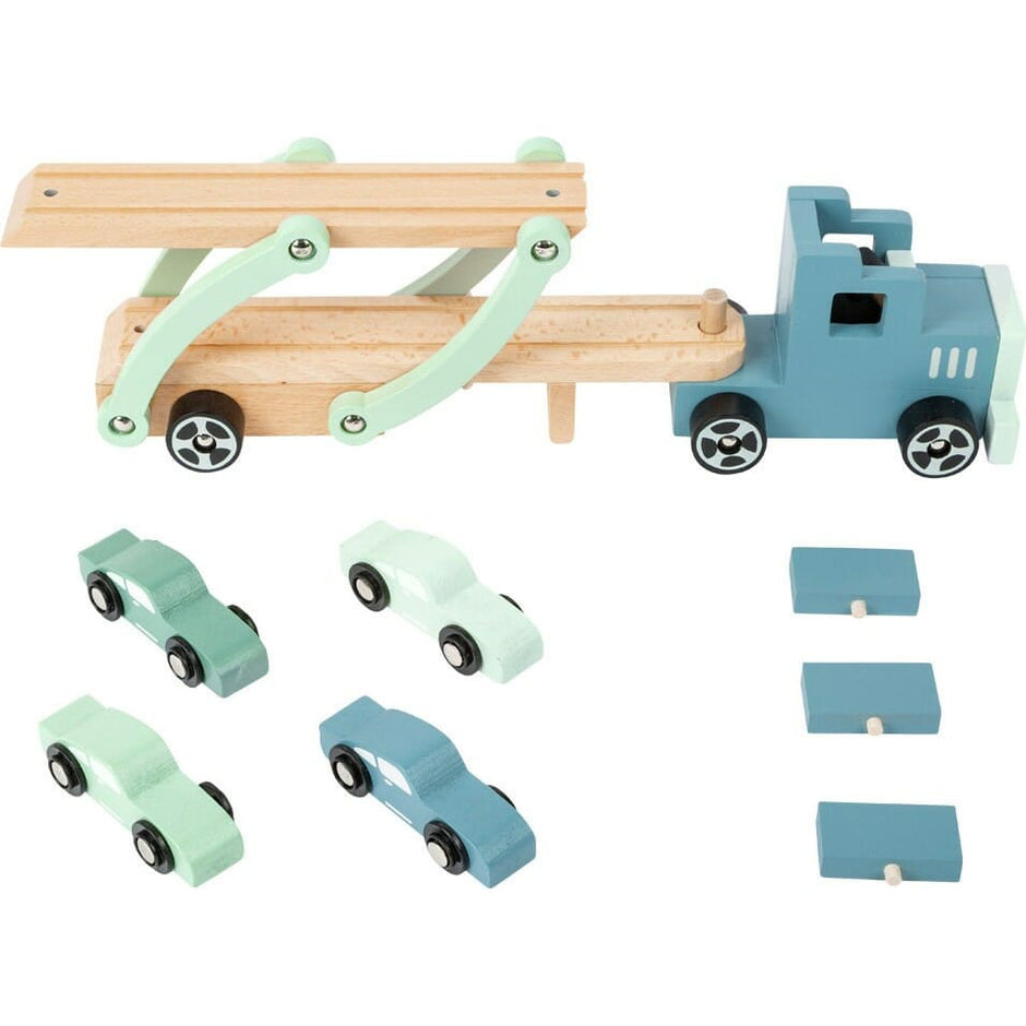 small foot Holz LKW Auto Holz LKW  Spielzeug Truck Holzspielzeug LKW mit Auto Spielzeug Autotransporter LKW Spiele Autos aus Holz Pastell Farben. Kinder ab 3 Jahren