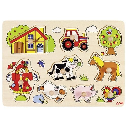 Goki Setz Puzzle Bauernhof Ohne Name Personalisierbares Setzpuzzle Bauernhof Holz Puzzle Kinder Holz Spielzeug Steckpuzzle Puzzle Bauernhof Tiere Puzzle 9 Teilig Goki